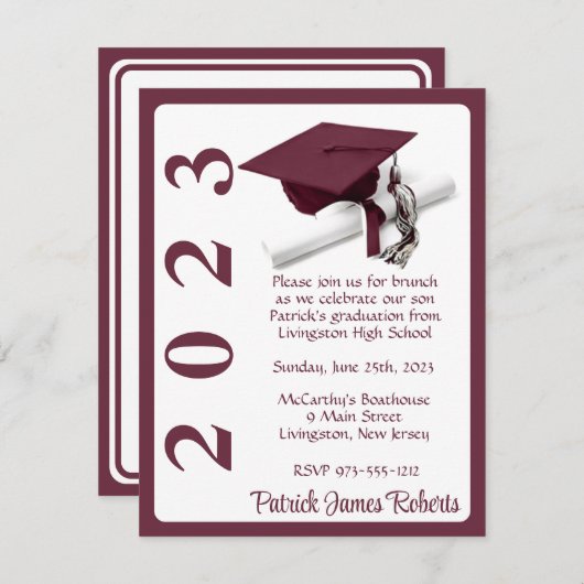 Cap & Diploma、Maroon & White Graduation 招待状 (正面/裏面)
