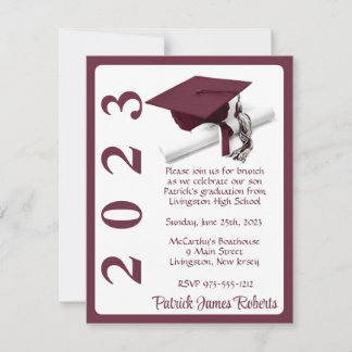 Cap & Diploma、Maroon & White Graduation 招待状