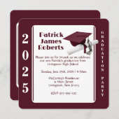 Cap & Diploma、Maroon & White Rounded Graduation 招待状 (正面/裏面)