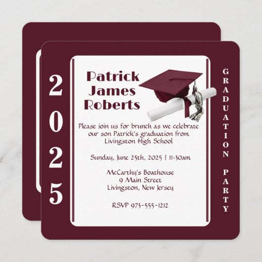 Cap & Diploma、Maroon & White Rounded Graduation 招待状 (正面/裏面)
