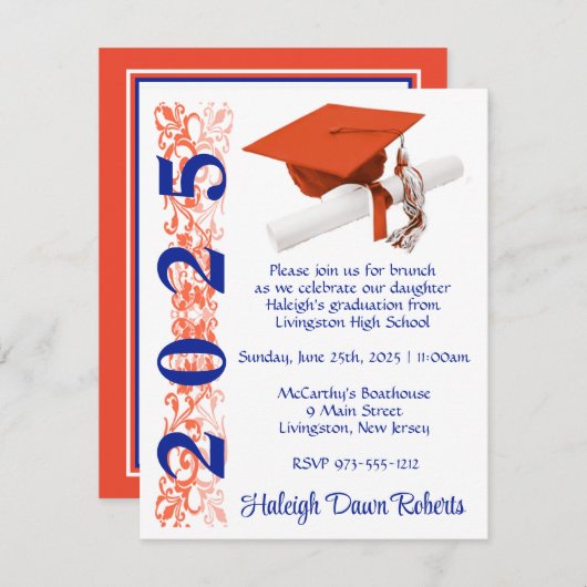 Cap & Diploma、Orange & Blue王室の卒業 招待状 (正面/裏面)