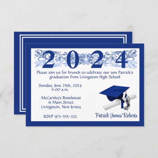 Cap & Diploma、White & Blue 王室の Gradation 招待状 (正面/裏面)
