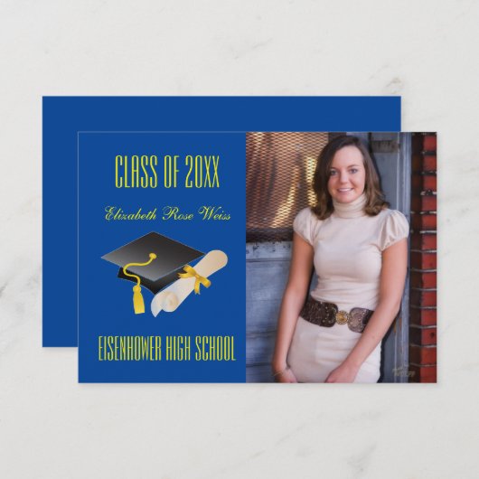 Cap & Diproma Blue - 3 x 5の卒業発表 招待状 (正面/裏面)