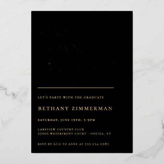 Cap Gown卒業式パーティーが行われている 箔招待状 (正面)