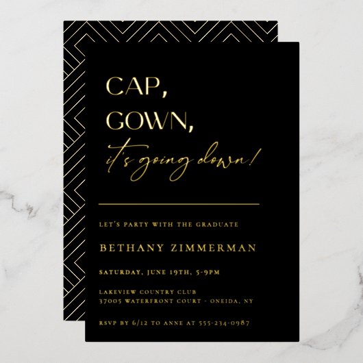 Cap Gown卒業式パーティーが行われている 箔招待状 (正面/裏面)