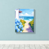 Cape Cod Beach Path | Hydrangea Coastal Painting キャンバスプリント (インサイチュ (ウッドフロア))