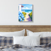Cape Cod Beach Path | Hydrangea Coastal Painting キャンバスプリント (インサイチュ (寝室))