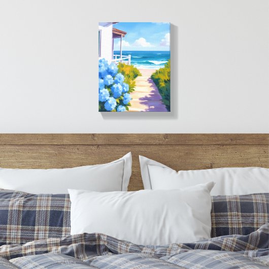 Cape Cod Beach Path | Hydrangea Coastal Painting キャンバスプリント (インサイチュ (寝室))