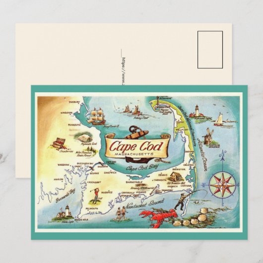 Cape Cod MA 5x7 Map Postcard サンキューカード (正面/裏面)