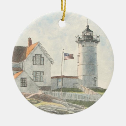 Cape Neddick Lighthouse Watercolor セラミックオーナメント (正面)