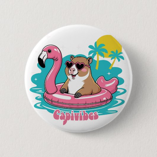 Capivara Estilosa no Verão com Boia Rosa 缶バッジ (正面)