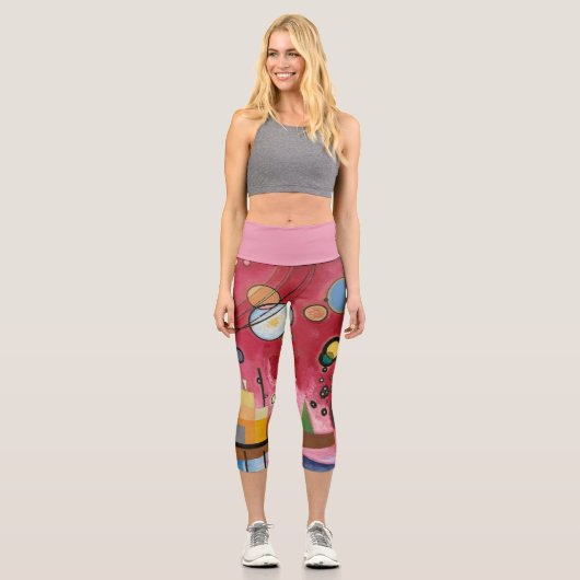 CAPRIスタイルレギンス- "Heavy Red"抽象芸術+ピンク カプリレギンス (正面)