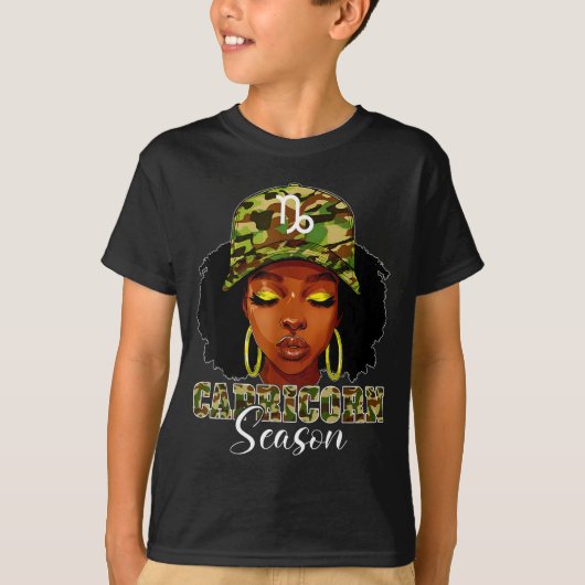 Capricorn Season Black Woman With Camo Hat Birthda Tシャツ (正面)