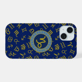Capricorn Zodiac+Astrology Symbols Ptn Gold+Blues iPhone 15ケース (裏面横)