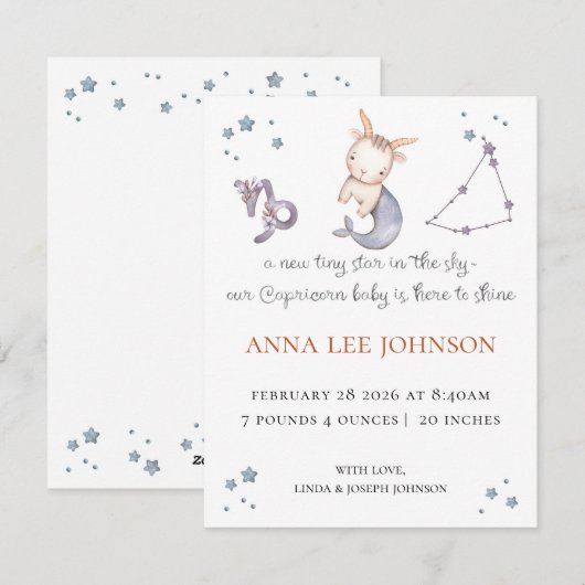 Capricorn Zodiac Birth Announcement シーズンカード (正面/裏面)