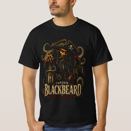 Captain Blackbeard Pirate Tee | Skull, Sword, Naut Tシャツ (正面)