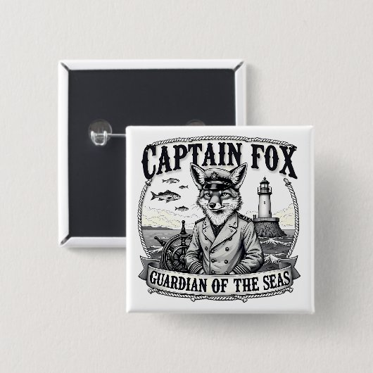Captain Fox Guardian of Seas Nautical Design 缶バッジ (正面&裏面)