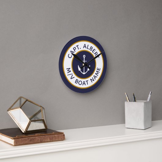 Captain Your Name Blue Gold Anchor Round Clock ラウンド壁時計 (オフィス)