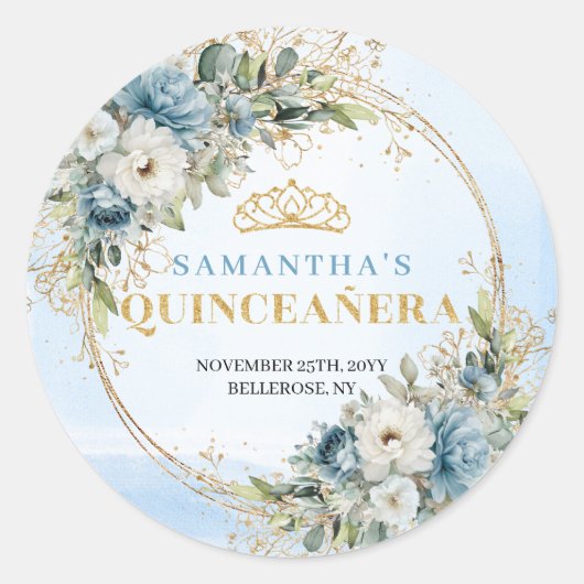 Captivating Dusty Blue Gold Greenery 15th Birthday ラウンドシール (正面)