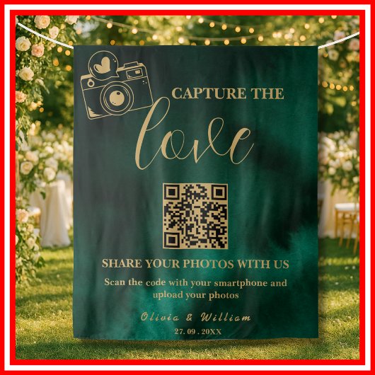 Capture The Love Emerald Green & Gold QR Backdrop タペストリー