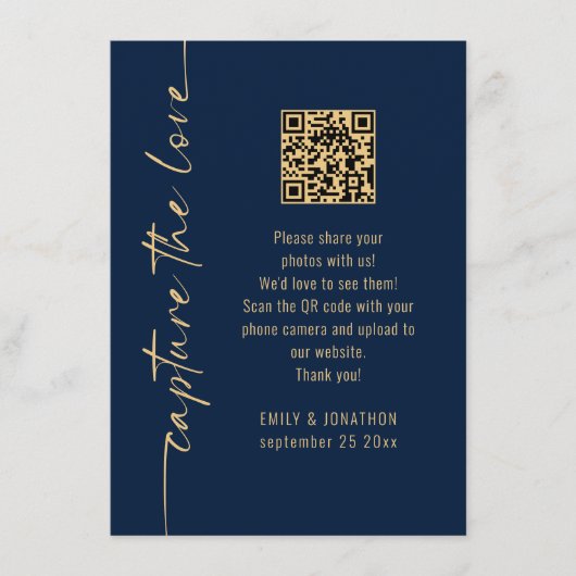 Capture the Love QR Code Navy Gold Wedding Card 招待状 (正面)
