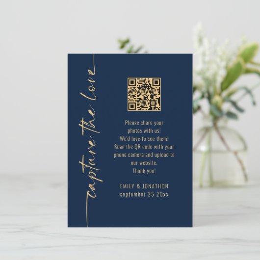 Capture the Love QR Code Navy Gold Wedding Card 招待状 (スタンド正面)