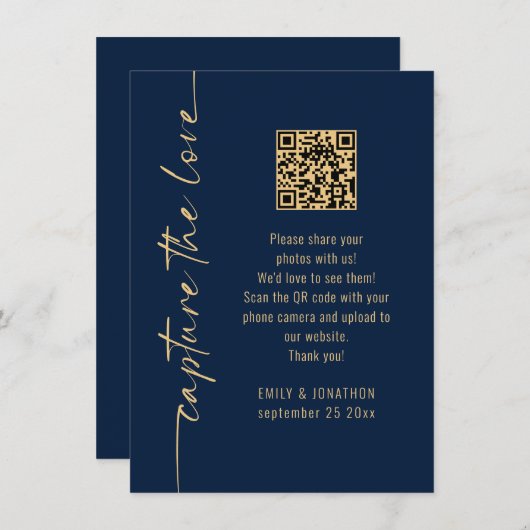 Capture the Love QR Code Navy Gold Wedding Card 招待状 (正面/裏面)