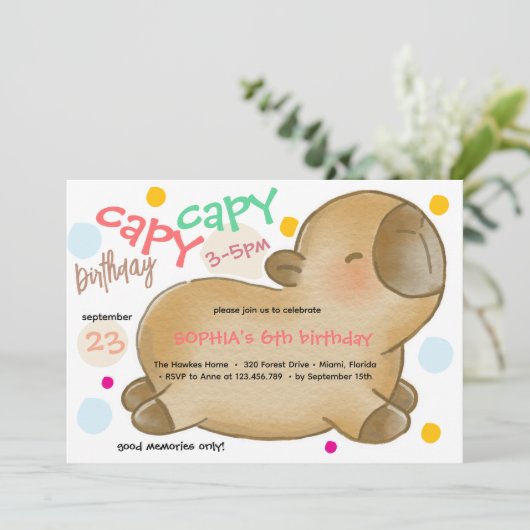 Capy capybara birthday invitation 招待状 (スタンド正面)