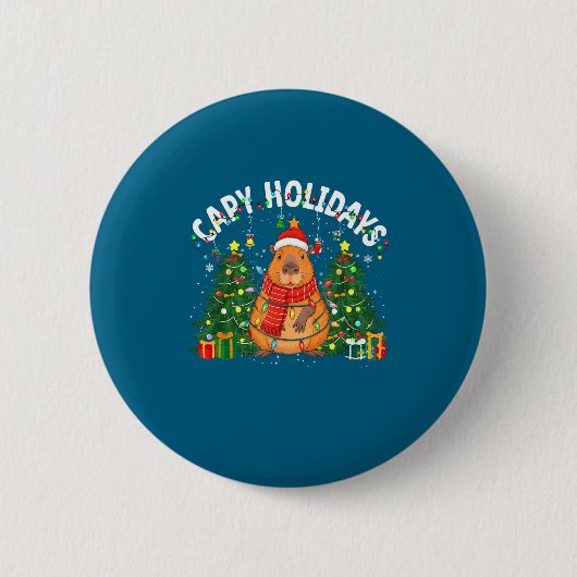 Capy Holidays Capybara Santa Hat Xmas Men Women Ki 缶バッジ (正面)