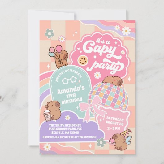 Capy Party Cloud Rainbow Disco Birthday Invitation 招待状 (正面)