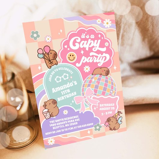 Capy Party Cloud Rainbow Disco Birthday Invitation 招待状