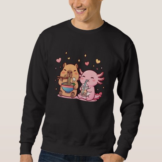 Capybara and Axolotl Kawaii Funny Ramen Boba Capib スウェットシャツ (正面)