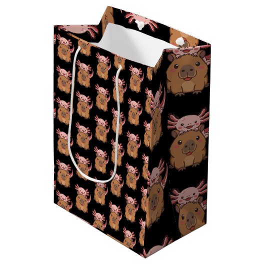 Capybara Axolotl Kawaii Animal Lover Zoo Day ミディアムペーパーバッグ (正面アングル)