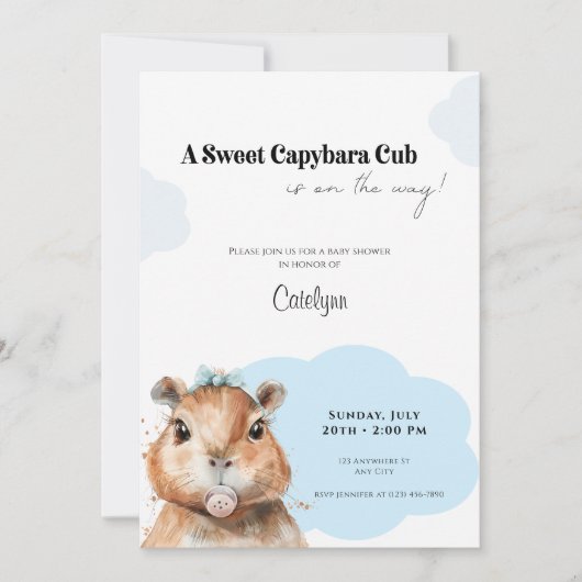 Capybara Baby Shower • Blue Bow Theme 招待状 (正面)