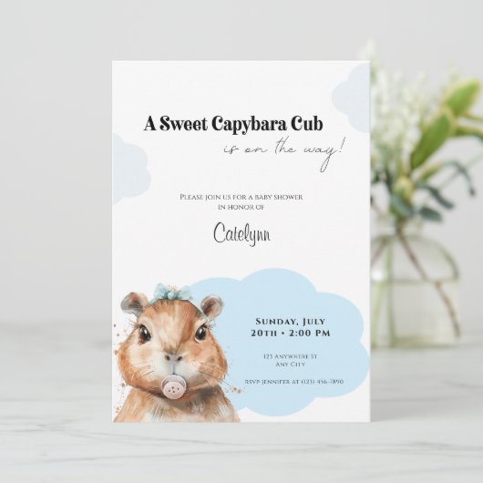 Capybara Baby Shower • Blue Bow Theme 招待状 (スタンド正面)