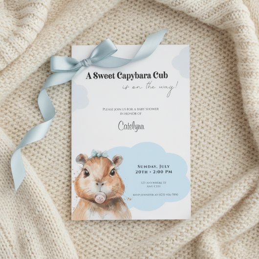 Capybara Baby Shower • Blue Bow Theme 招待状