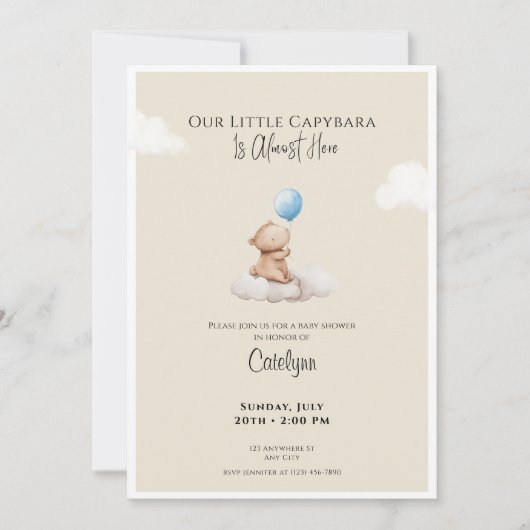 Capybara Baby Shower Invitation Cloud and Balloon 招待状 (正面)