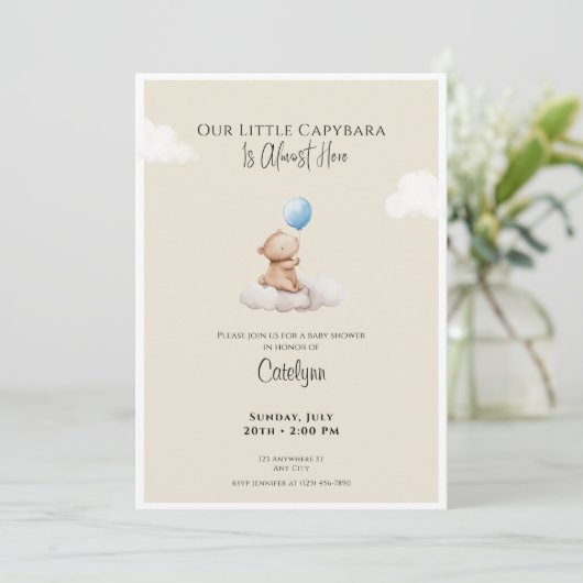 Capybara Baby Shower Invitation Cloud and Balloon 招待状 (スタンド正面)