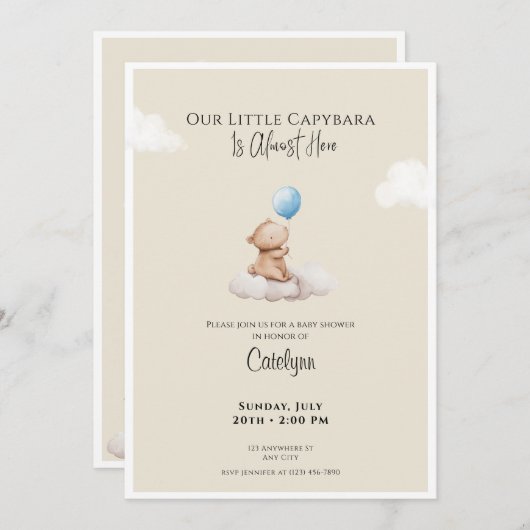 Capybara Baby Shower Invitation Cloud and Balloon 招待状 (正面/裏面)
