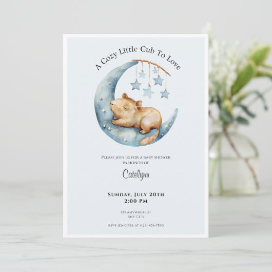 Capybara Baby Shower Invitation Cozy Moon Cub 招待状 (スタンド正面)