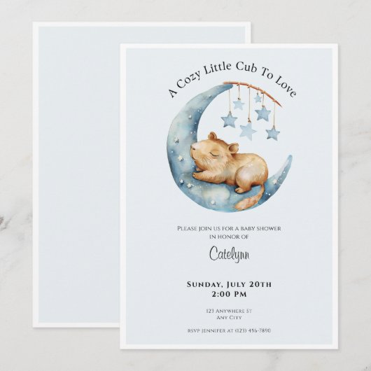 Capybara Baby Shower Invitation Cozy Moon Cub 招待状 (正面/裏面)