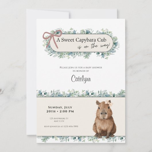 Capybara Baby Shower Invitation • Greenery Theme 招待状 (正面)