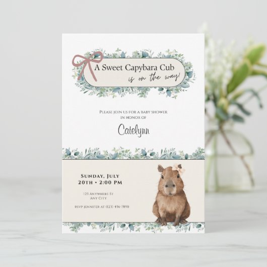 Capybara Baby Shower Invitation • Greenery Theme 招待状 (スタンド正面)