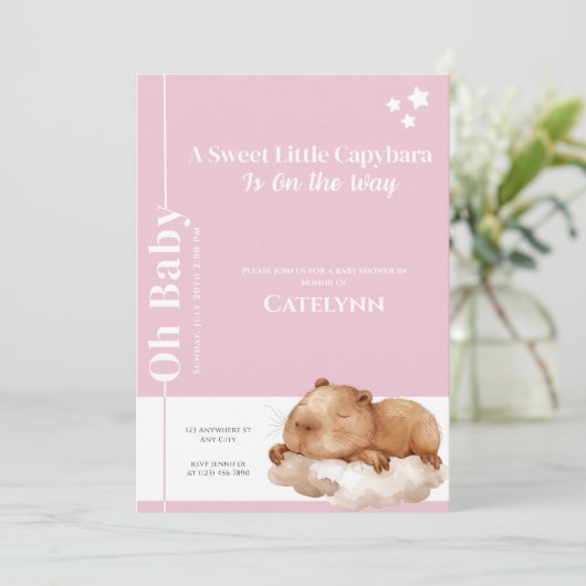 Capybara Baby Shower Invitation • Oh Baby Pink セーブザデート (スタンド正面)