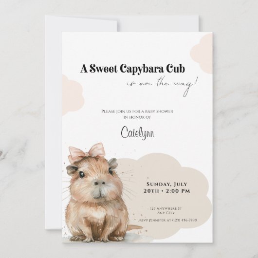 Capybara Baby Shower • Pink Bow Theme 招待状 (正面)