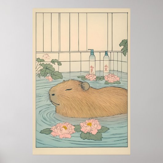 Capybara Bath Print Japanese Ukiyo-e Animal Art ポスター (正面)