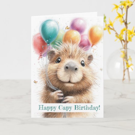 Capybara Birthday Card • Cute Balloon Design カード (黄色い花)