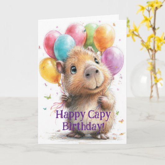 Capybara Birthday Card • Cute Balloon Design カード (黄色い花)