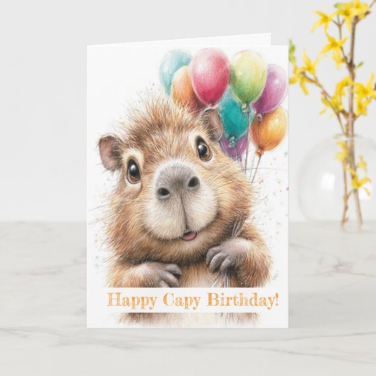 Capybara Birthday Card • Cute Balloon Design カード (黄色い花)