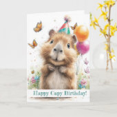 Capybara Birthday Card • Cute Balloon Design カード (黄色い花)